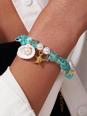 Anthropologie Turquoise Beaded Shell & Starfish Bracelet - Gold Accents